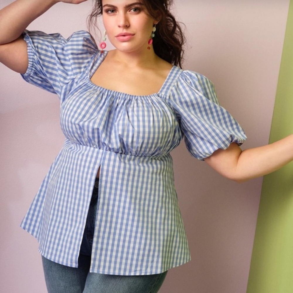 EUC Eloquii Gingham Split Front Puff Sleeve Stretch Cotton Blend Blouse Size 22